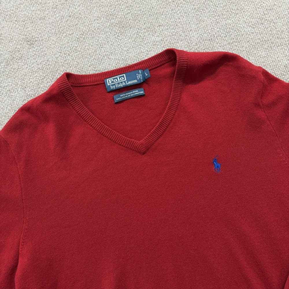 Polo Ralph Lauren Men's L Red Merino Wool Knit V-Neck Pullover Sweater Logo